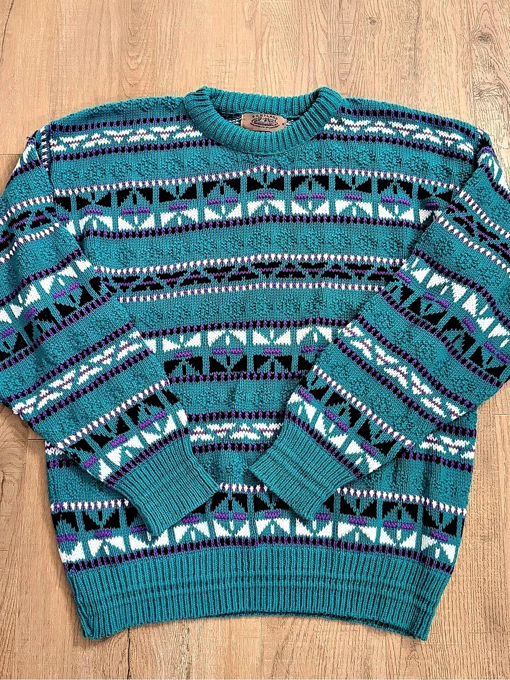 Vintage Portland Sweater Co. by Jantzen Geometric Sweater Teal & Purple Made in